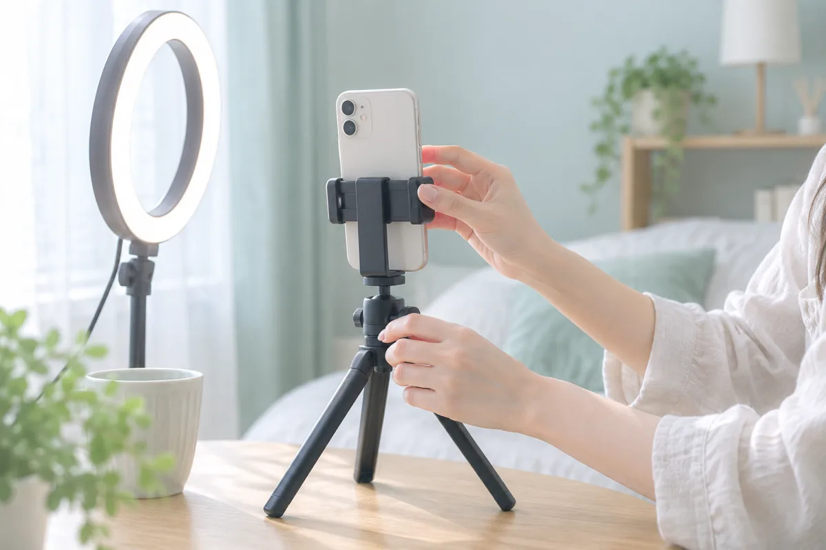 スマホスタンドとリングライトを調整している手元